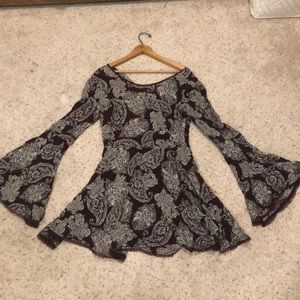 Paisley print mini dress with bell sleeves.